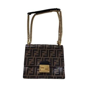 Fendi Brown FF Logo Shoulder Bag with Gold Chain